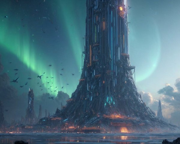 Futuristic Structure Against Vibrant Auroras and Mountains