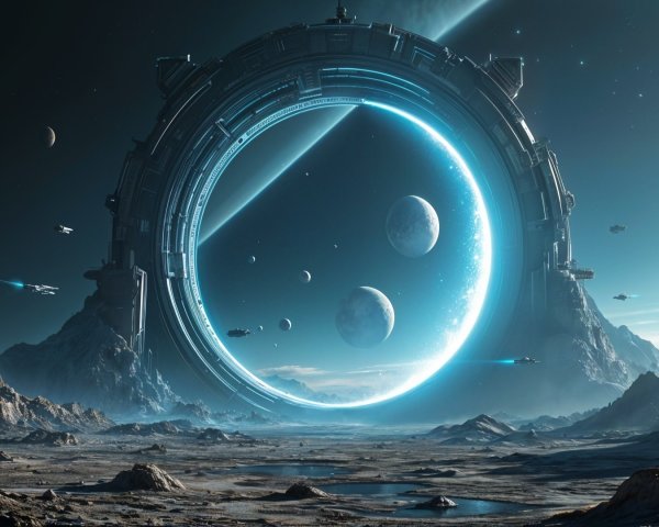 Futuristic landscape with glowing portal and spacecraft