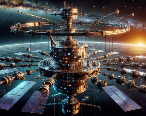 Futuristic space station orbiting a blue planet