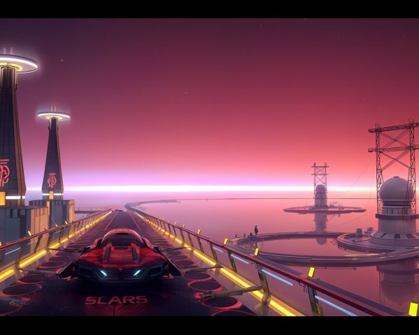 Futuristic landscape with sleek structures and sunset sky