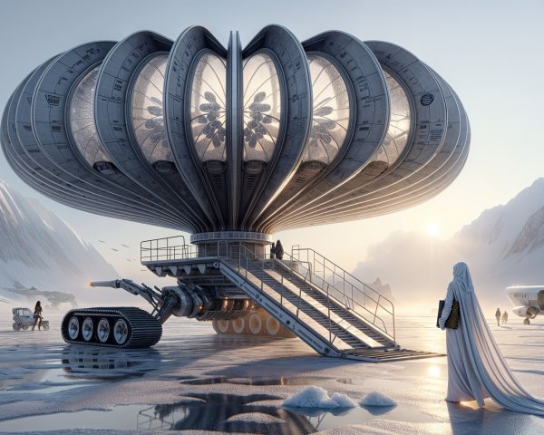 Futuristic spacecraft on icy landscape with mountains