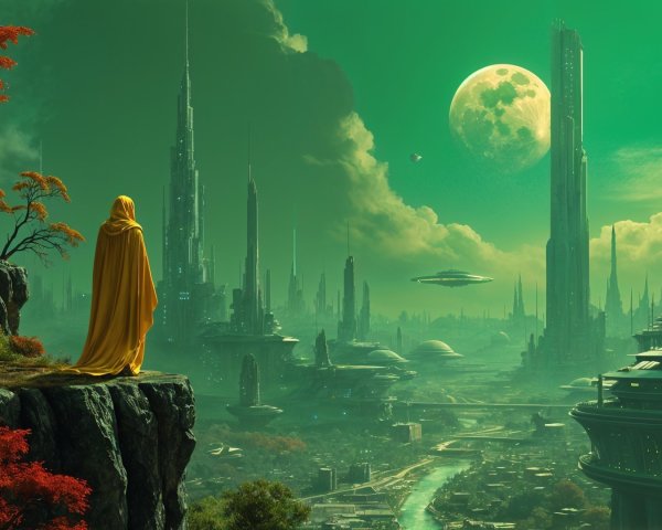 Figure in yellow cloak overlooking futuristic cityscape