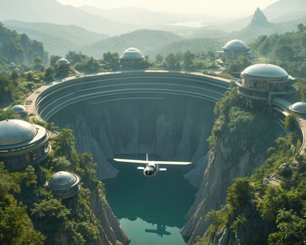 Futuristic landscape with circular canyon and greenery