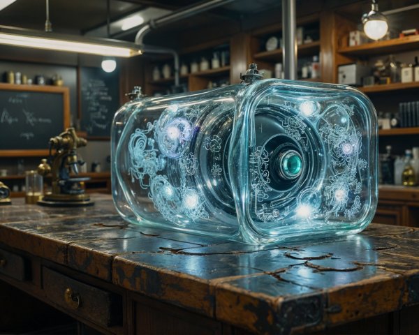Futuristic Glass Container in Vintage Laboratory Setting