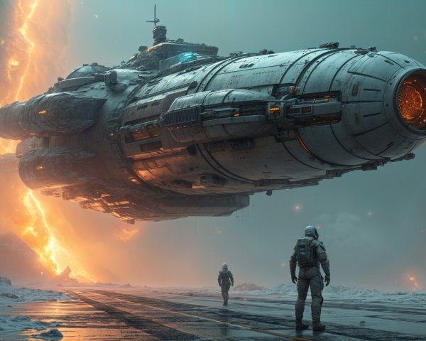 Futuristic spacecraft above icy landscape with astronauts