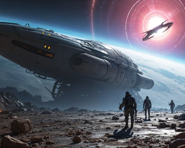 Futuristic spacecraft on rocky alien landscape with astronauts