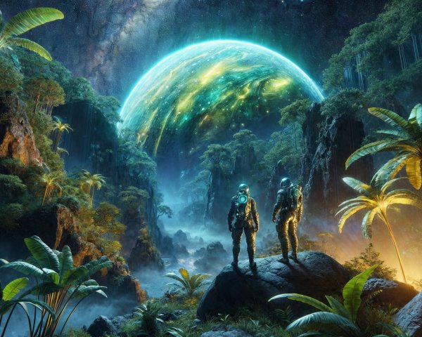 Astronauts in Alien Landscape with Glowing Planet