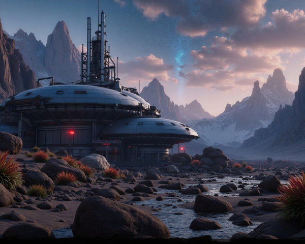 Futuristic research station in rocky desert landscape