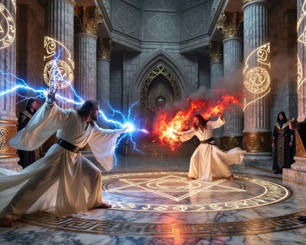 Wizards Duel in Ornate Temple with Magic Elements