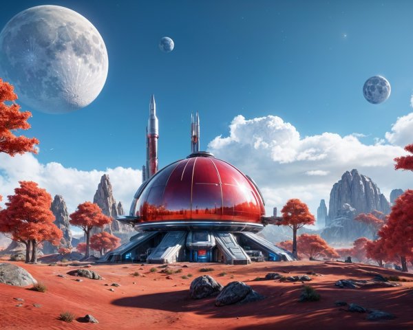Futuristic dome structure in vibrant red landscape