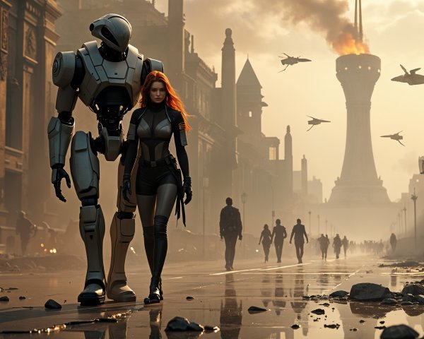 Futuristic Robot and Woman in Dystopian Cityscape
