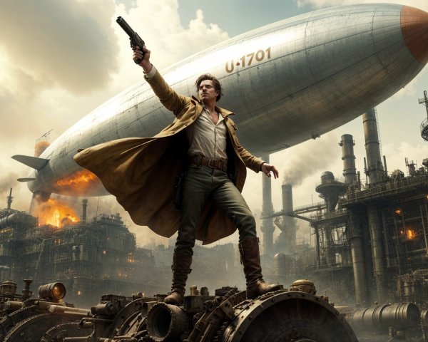 Heroic Figure on Engine with Airship and Flames