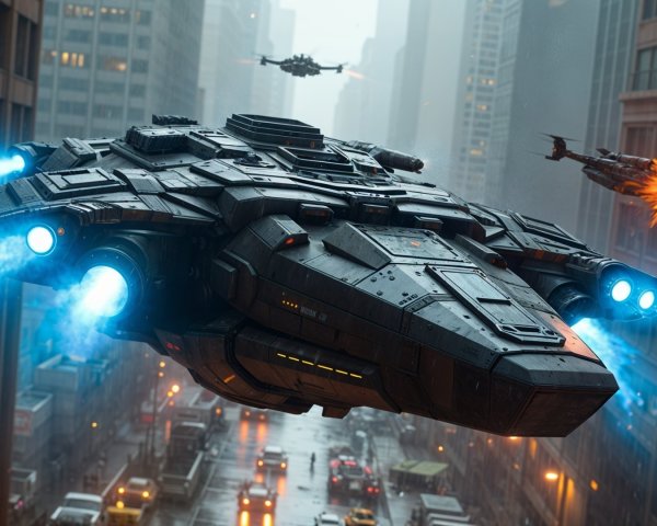 Futuristic Spaceship Over Rainy Urban Landscape