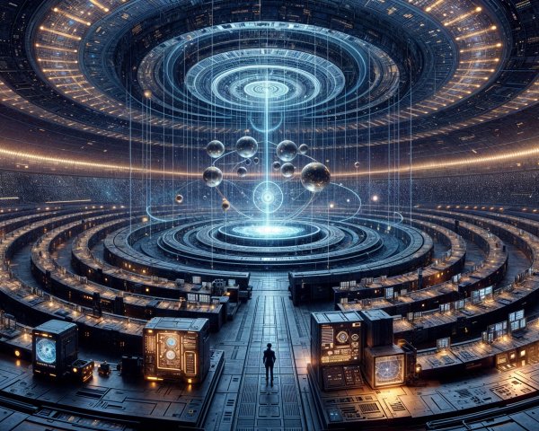 Futuristic Control Room with Central Light and Orbits