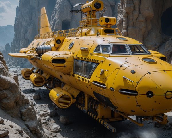 Futuristic yellow armored tank in desert canyon