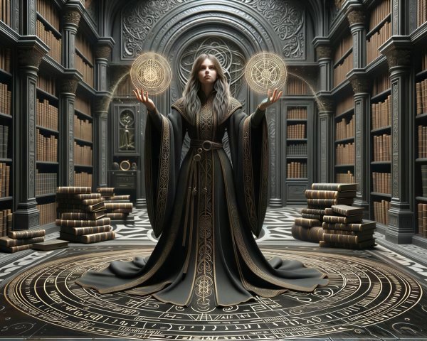 Young Female Wizard in Mystical Library Setting