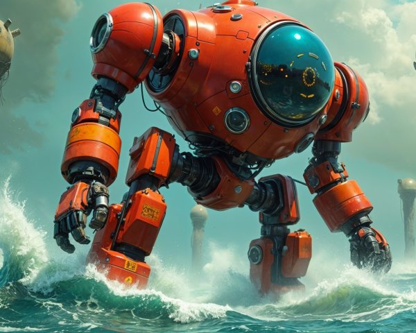 Large Red Robot Amidst Turbulent Ocean Waters