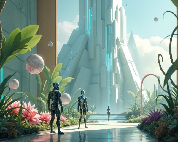 Futuristic landscape with metallic figures and vibrant flora