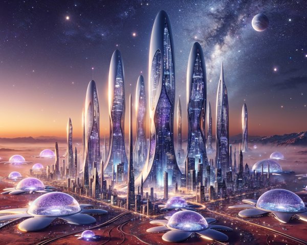 Futuristic cityscape with glowing skyscrapers and flowers