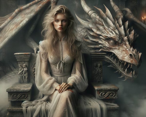 Regal Woman on Stone Throne with Dragon Sculpture