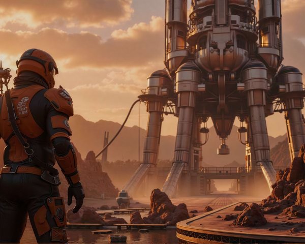 Futuristic Space Marine in Desert Landscape at Sunset