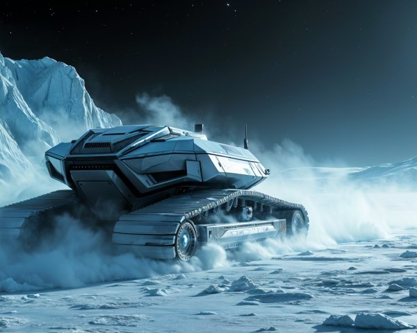 Futuristic vehicle in icy landscape under glowing moon