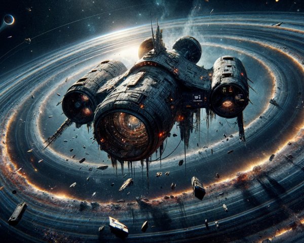 Futuristic spacecraft in vibrant rings of distant planet