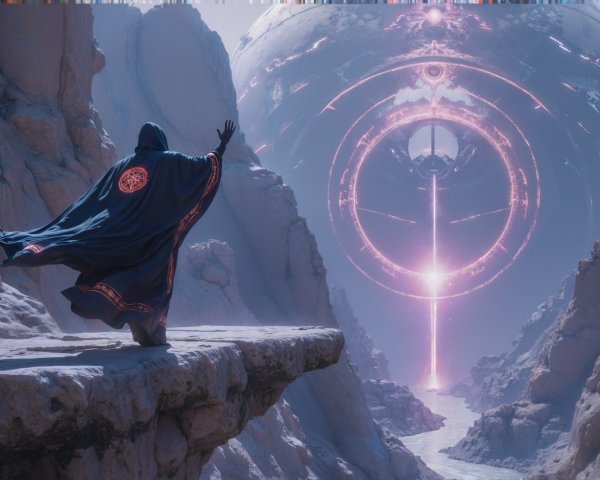 Cloaked Figure Reaches for Glowing Sphere in Landscape