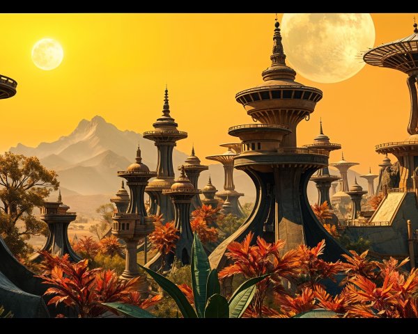 Futuristic Landscape with Moons and Towering Structures