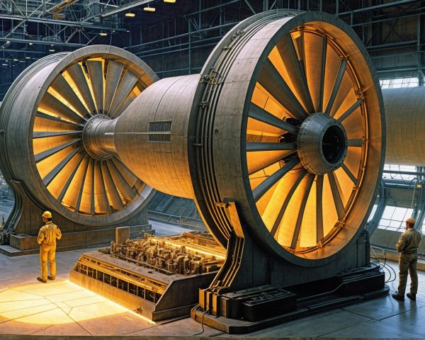 Industrial Facility with Large Turbine Engines and Workers