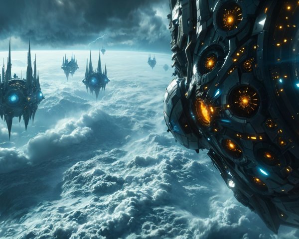 Futuristic Structures Above Turbulent Cloud Sea