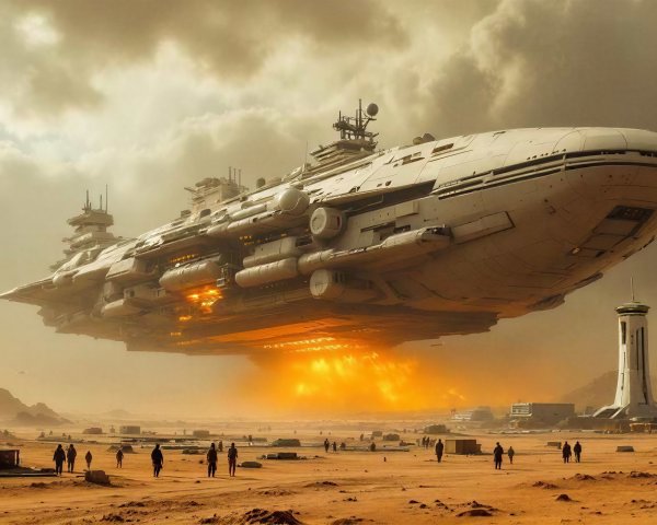 Colossal Gray Spaceship Over Desert Landscape