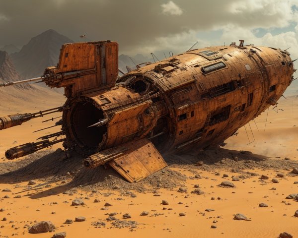 Weathered spacecraft in a vast arid desert landscape