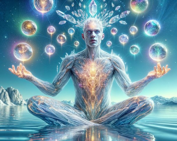 Luminescent figure in tranquil water with colorful orbs