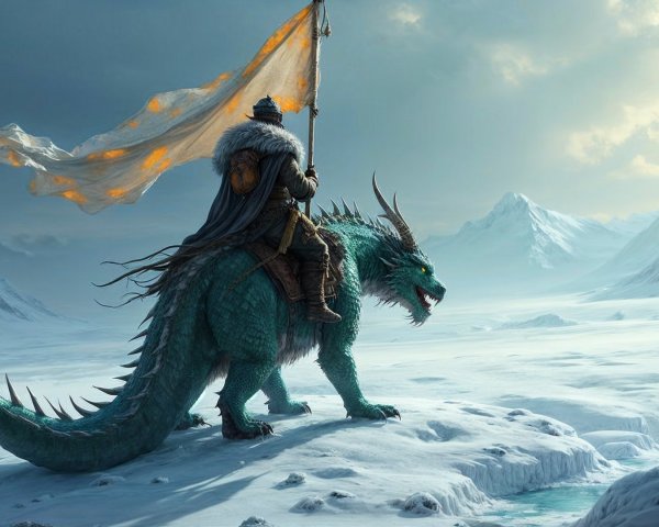 Figure on a turquoise dragon in a snowy landscape