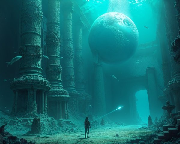 Ancient underwater temple with glowing planet and marine life