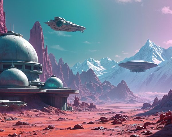 Futuristic landscape with red rock formations and spaceships