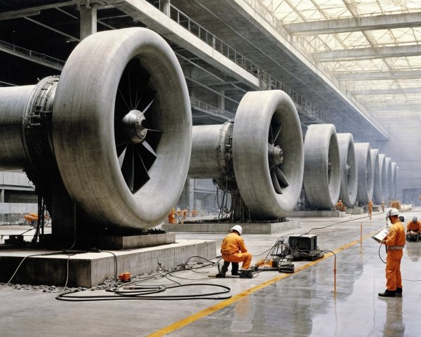 Industrial Space with Turbine Engines and Workers