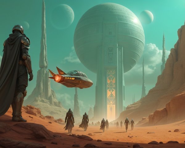 Lone Figure in Desert with Futuristic City and Planets