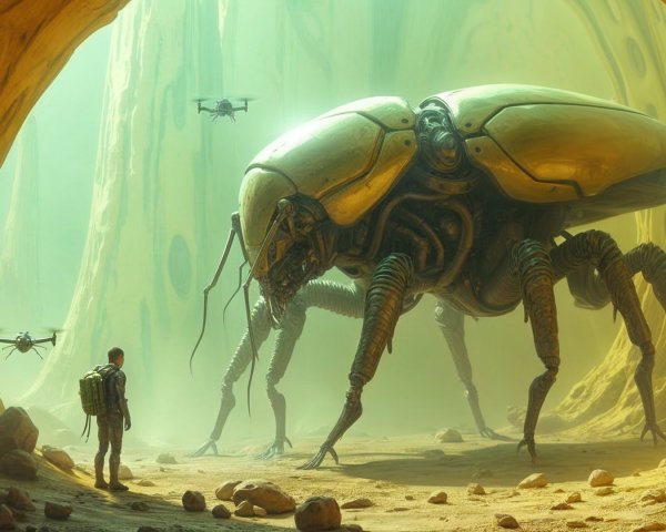 Surreal Cavern with Robotic Insect and Drones