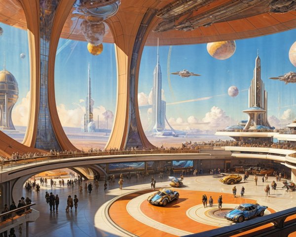Futuristic Spaceport with Advanced Vehicles and Alien Landscape