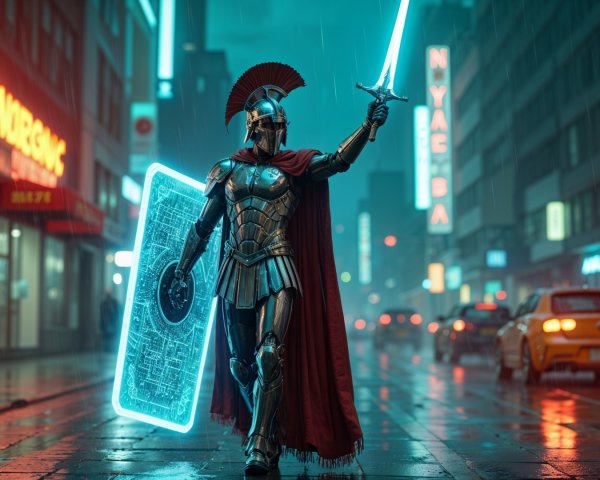 Futuristic warrior in armor with glowing sword and shield