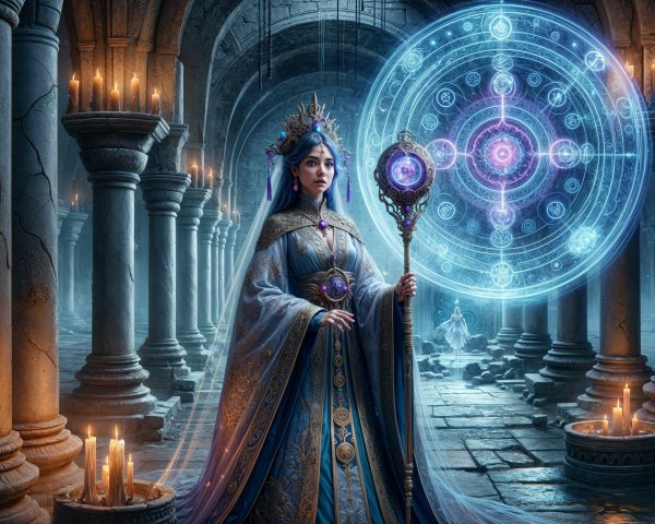 Regal Figure in Ancient Stone Chamber with Glyph