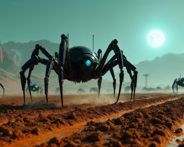 Surreal Landscape with Mechanical Spiders Under Moonlight
