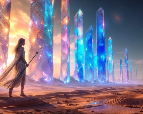 Mystical landscape with radiant crystal structures at twilight