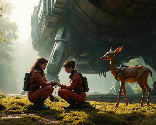 Astronauts in Nature with Futuristic Vehicle and Deer