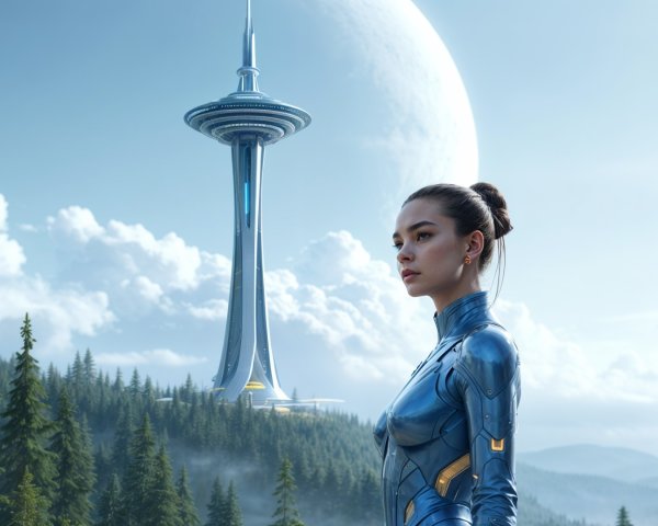 Futuristic Landscape with Confident Figure and Tower