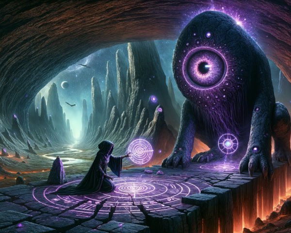 Hooded Figure and Glowing Eye Creature in Mystical Cave