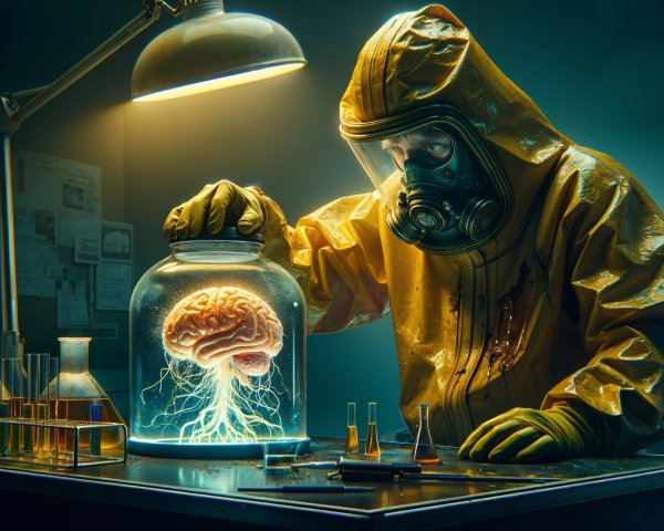 Scientist in Hazmat Suit Examines Glowing Electric Brain