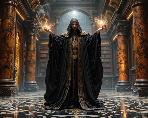 Cloaked Figure Conjuring Light in Opulent Library